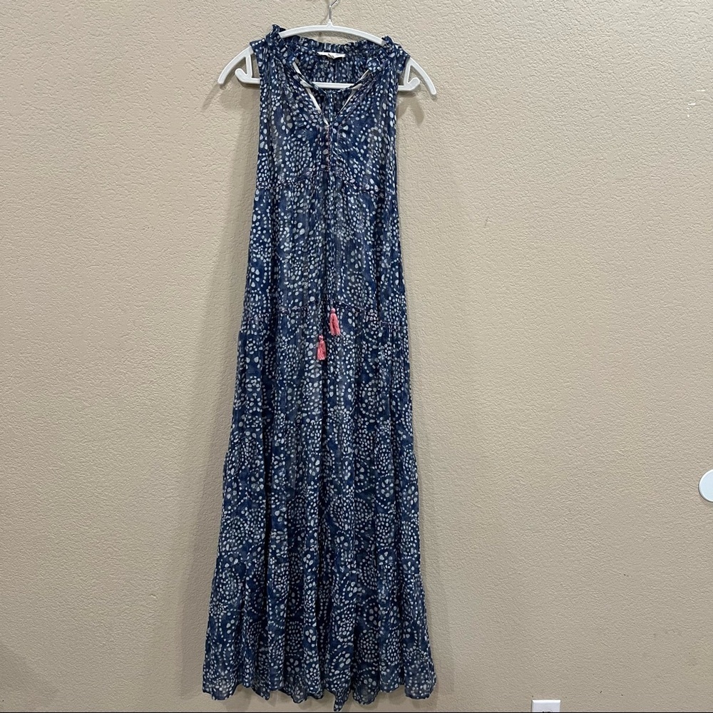 Lovestitch Cottagecore Prairie Love Maxi Ruffle Blue Sliver Shiny Dress Sz S EUC